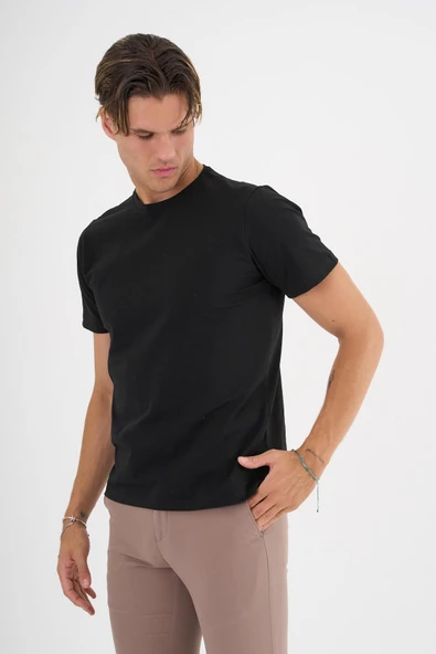 Erkek Siyah %100 Pamuklu Standart Kalıp Likralı  Basic T-Shirt - 7