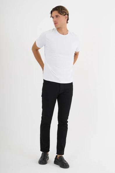 Erkek Beyaz %100 Pamuklu Standart Kalıp Likralı  Basic T-Shirt - 3