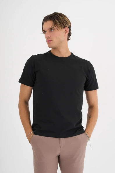 Erkek Siyah %100 Pamuklu Standart Kalıp Likralı  Basic T-Shirt - 5