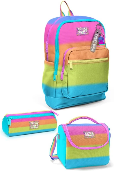 Coral High Kids Renkli Çizgili 3'lü Okul Çanta Seti SET0123770 - Kız ürün görseli