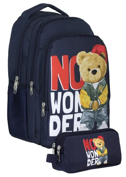 Cennec Lacivert Beyaz Hiphop Ayıcık Baskılı Erkek Çocuk Çanta Seti (Sırt Çantası+Kalemlik) - SETUMT5033C ürün görseli