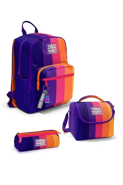 Coral High Renkli Çizgili 3'lü Okul Çanta Seti SET0123674 - Kız ürün görseli