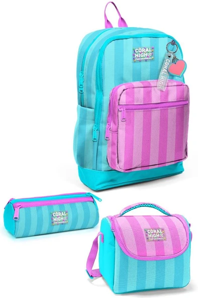 Coral High Kids Turkuaz Pembe Çizgili 3'lü Okul Çanta Seti SET0123771 - Kız ürün görseli