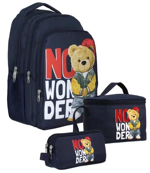 Cennec Üç Bölmeli Erkek Çocuk Hiphop Ayıcık Üçlü Okul Çanta Seti - Lacivert Beyaz - SETUMT5033A ürün görseli