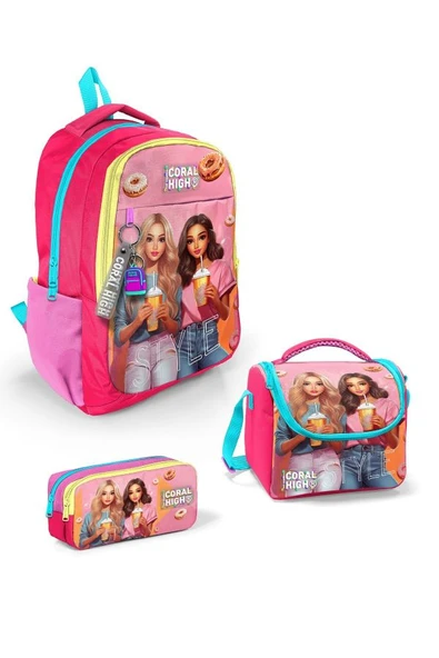 Coral High Kids Pembe Neon Mercan Fashion Girl Desenli 3'lü Okul Çanta Seti SET0123669 - Kız ürün görseli