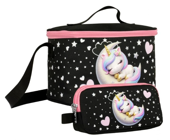 Cennec Kız Çocuk Uykucu Unicorn Desenli Siyah Pembe Beslenme Çantası ve Kalemlik Seti ürün görseli