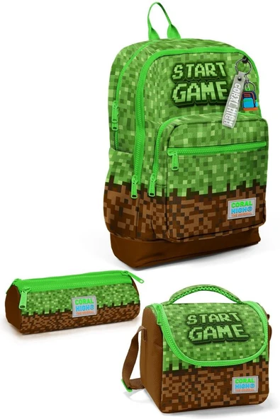 Coral High Kids Yeşil Kahverengi High Craft Desenli 3'lü Okul Çanta Seti SET0123776 - Erkek ürün görseli
