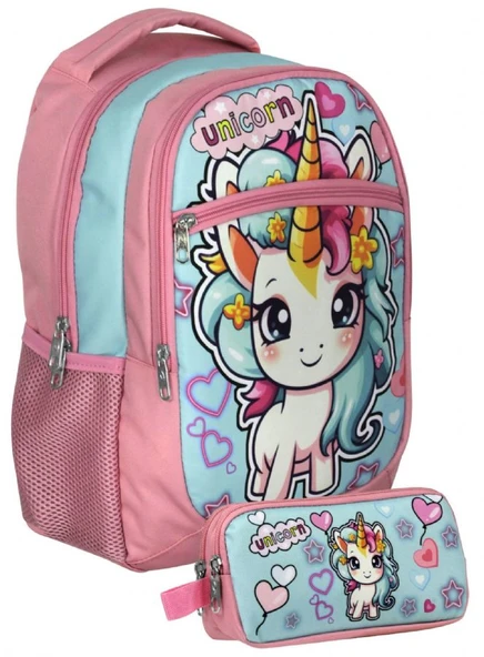 Cennec UMT5048+UMT5050 Sırt Çantası ve Kalemlik Seti (Pembe Turkuaz - Bebek Unicorn - Kız Çocuk) ürün görseli