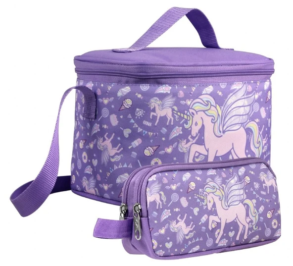 Cennec Kız Çocuk Nakışlı Unicorn Pegasus Desenli Lila Beslenme Çantası ve Kalemlik Seti ürün görseli