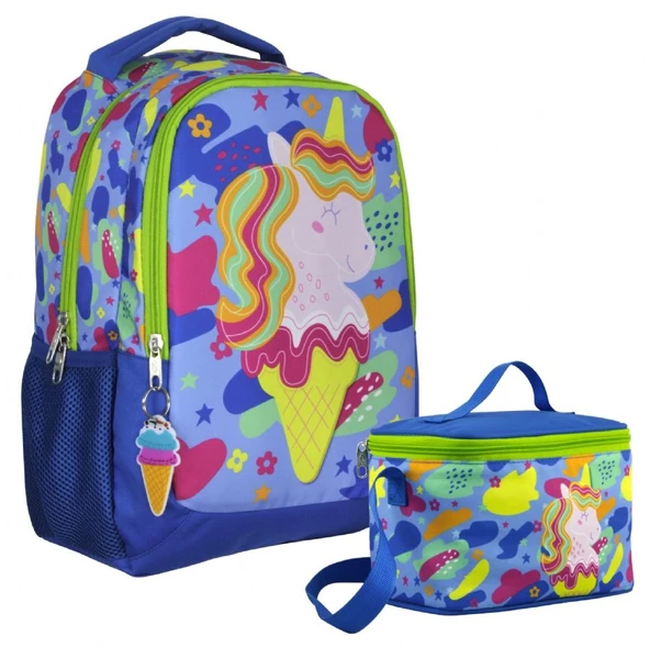Cennec Dondurma ve Unicorn Desenli Kız Çocuk Mavi Yeşil İkili Çanta ve Beslenme Seti - SETUMT5036B ürün görseli 1