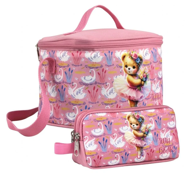 Cennec Kız Çocuk Balerin Ayıcık Desenli Pembe Beslenme Çantası ve Kalemlik Seti ürün görseli