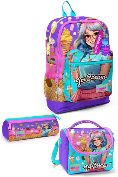 Coral High Kids Lila Turkuaz Dondurma ve Anime Desenli 3'lü Okul Çanta Seti SET0123773 - Kız ürün görseli