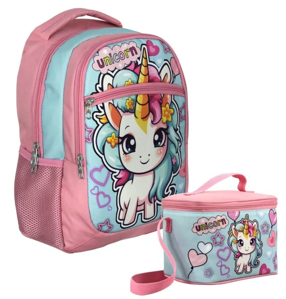 Cennec Bebek Unicorn Desenli Kız Çocuk Pembe Turkuaz İkili Çanta ve Beslenme Seti - SETUMT5048B ürün görseli