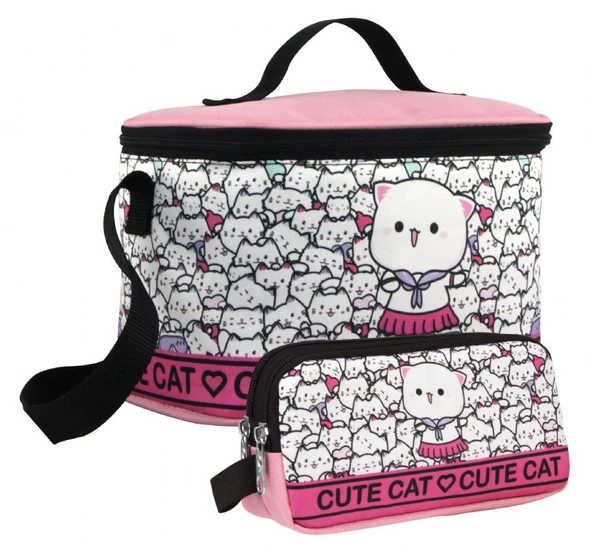 Cennec Kız Çocuk Sevimli Kediler Desenli Pembe Beyaz Beslenme Çantası ve Kalemlik Seti ürün görseli