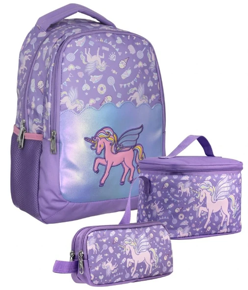 Cennec SETUMT5027A Üçlü İlkokul Çanta Seti (Lila - Nakışlı Unicorn Pegasus - Kız Çocuk - Parlak Kumaş) ürün görseli