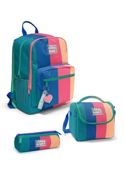 Coral High Renkli Çizgili 3'lü Okul Çanta Seti SET0123679 - Kız ürün görseli
