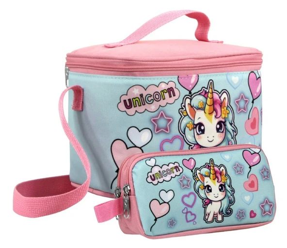 Cennec Kız Çocuk Bebek Unicorn Desenli Pembe Turkuaz Beslenme Çantası ve Kalemlik Seti ürün görseli