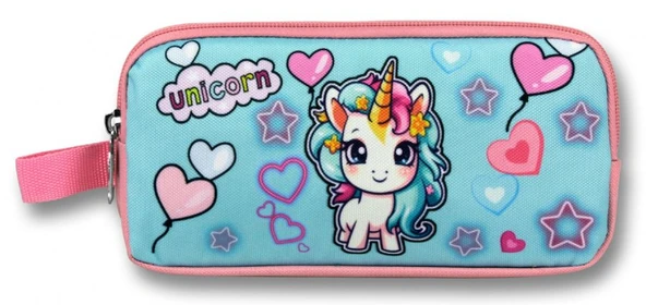 Ümit Çanta Kız Çocuklar İçin İki Bölmeli Bebek Unicorn Baskılı Kalemlik - Pembe Turkuaz - 5050 - 2