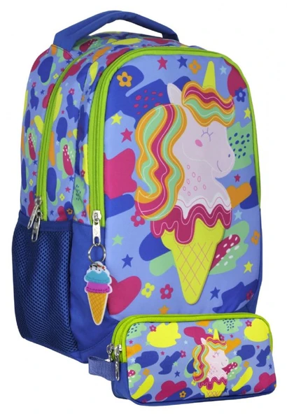 Cennec UMT5036+UMT5038 Sırt Çantası ve Kalemlik Seti (Mavi Yeşil - Dondurma ve Unicorn - Kız Çocuk) ürün görseli 1