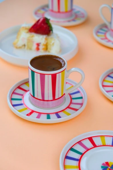 Tabak Evi Porselen Color Stripe Kahve Fincan Takımı 90cc 6 Kişilik 12 Parça - 7