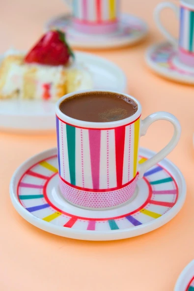 Tabak Evi Porselen Color Stripe Kahve Fincan Takımı 90cc 6 Kişilik 12 Parça - 2