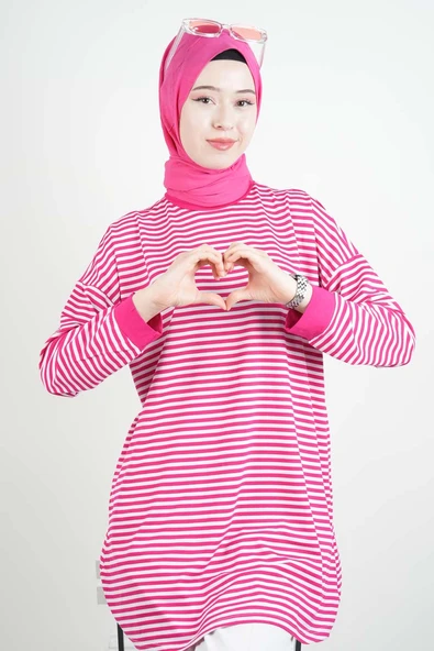 Tesettür Tunik İnce Çizgili Penye Tunik Koyu Pembe - 1