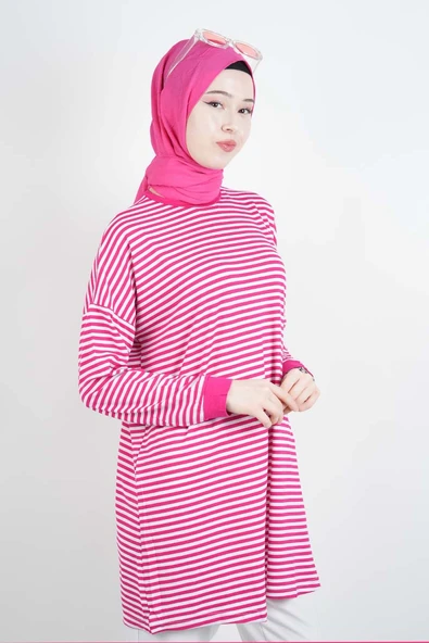 Tesettür Tunik İnce Çizgili Penye Tunik Koyu Pembe - 3