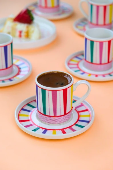 Tabak Evi Porselen Color Stripe Kahve Fincan Takımı 90cc 6 Kişilik 12 Parça