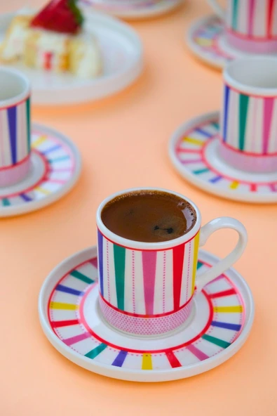 Tabak Evi Porselen Color Stripe Kahve Fincan Takımı 90cc 6 Kişilik 12 Parça - 6