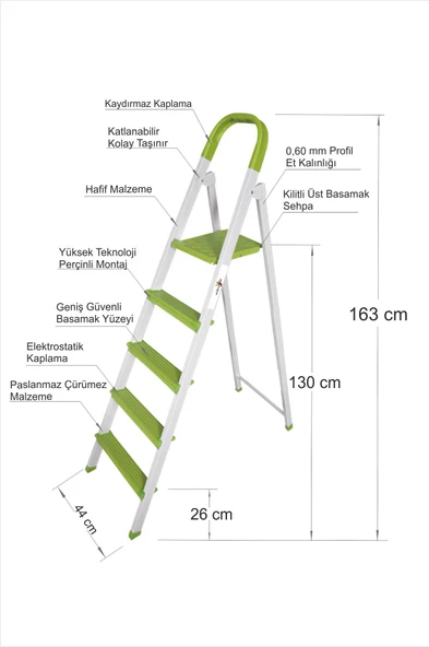 Uzun Büyük 130 cm A Tipi 4+1 Toplam 5 Kaydırmaz Basamaklı Sehpalı Sağlam Pabuçlu Merdiven Basamak - 3