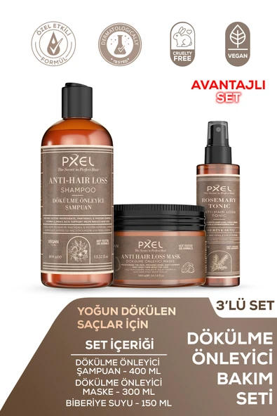 PXEL Dökülme Önleyici Şampuan  Maske  Biberiye Suyu Saç Bakım Toniği 3’lü Set - 1