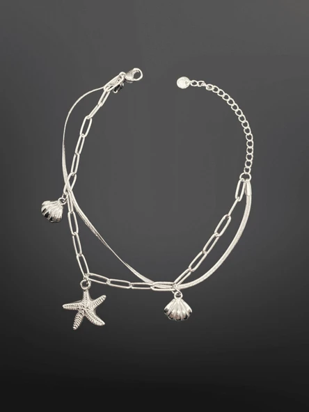 Gümüş Renk Deniz Yıldızı ve Midye Detaylı Çift Sıralı Model 316L Şık Trend Çelik Şık Bileklik ürün görseli 1