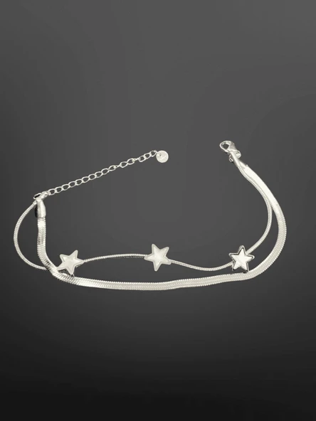 Gümüş Renk Yıldız Detaylı Çift Sıralı Model 316L Şık Trend Çelik Zarif Bileklik | Minimalist ve Şık ürün görseli 1
