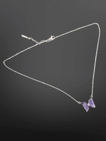 Gümüş Renk Mor Taşlı Kelebek Figürlü 316L Çelik Kolye 45 cm | Zarif Zincir ile Şık ve Romantik ürün görseli 1