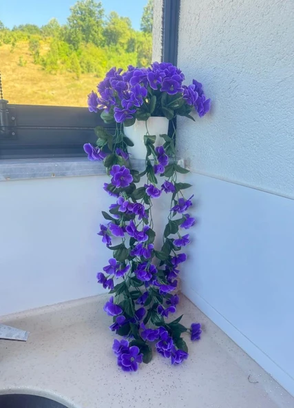 Nettenevime Yapay Çiçek Sarkan Mor Menekşe Krem Rengi Saksıda 4 Sarkan Dallı 70cm - 4