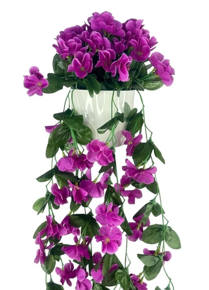 Nettenevime Yapay Çiçek Sarkan Lila Menekşe Krem Rengi Saksıda 4 Sarkan Dallı 70cm - Resim 4