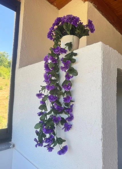 Nettenevime Yapay Çiçek Sarkan Mor Menekşe Krem Rengi Saksıda 4 Sarkan Dallı 70cm - 6