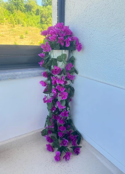 Nettenevime Yapay Çiçek Sarkan Lila Menekşe Krem Rengi Saksıda 4 Sarkan Dallı 70cm - Resim 6