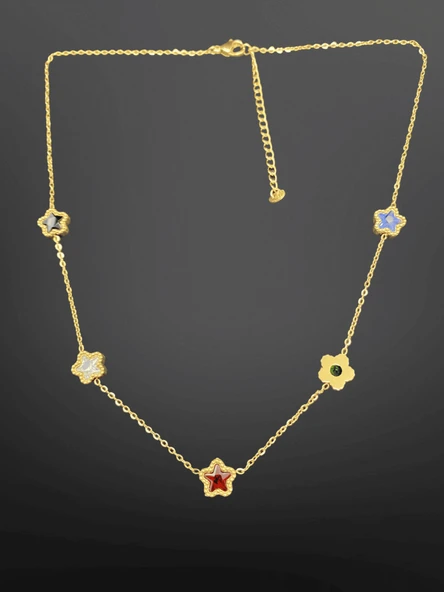 Renkli Yıldız ve Çiçek Figürlü Gold Renk 316L Çelik Kadın Kolye | Minimal ve Eğlenceli Tasarım Takı ürün görseli 1