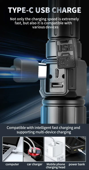 Ultra Yüksek Güçlü Powerbank 3km Menzilli Şarjlı Metal El Feneri 8 Fonksiyon Işıldak Zoomlu SOS Aydınlatıcı - 8