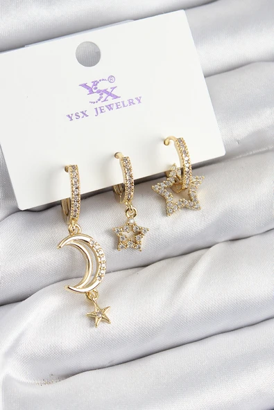 Pirinç Zİrkon Taşlı Ay Ve Hilal Model Gold Renk 3'lü Kadın Küpe - TJ-BKP10942 ürün görseli 1