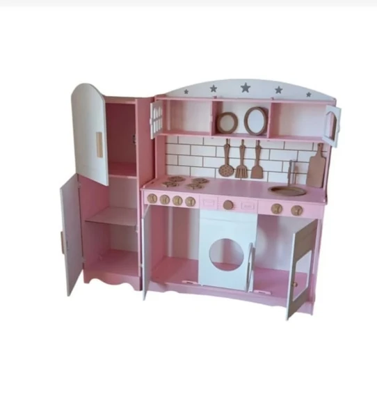 MDF Boyalı Oyuncak 3 Kapaklı Mutfak Buzdolabı Seti - 3