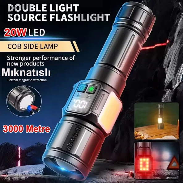 Ultra Yüksek Güçlü Powerbank 3km Menzilli Şarjlı Metal El Feneri 8 Fonksiyon Işıldak Zoomlu SOS Aydınlatıcı - 1
