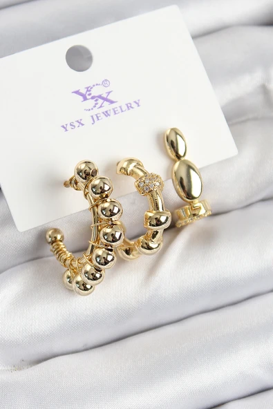 Pirinç Zİrkon Taşlı Halka Model Gold Renk 3'lü Kadın Küpe - TJ-BKP10941 ürün görseli 1