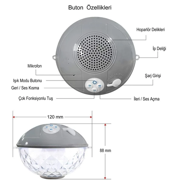 HyMark Bluetooth BT601 Havuz Hoparlörü Renkli RGB Led Işık IP68 Su Geçirmez Dahili Şarjlı Pilli Ses Bombası - 7
