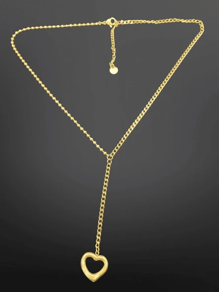 Gold Renk Şık Y-Chain Lariat Model 316L Çelik Kolye - Kalp Detaylı Modern Tasarım ürün görseli 1