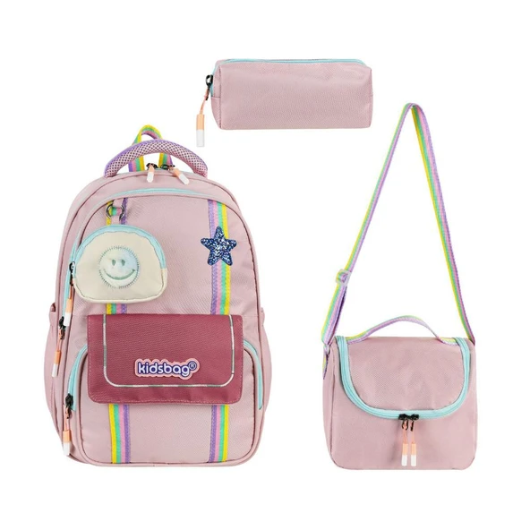 İlkokul Çantası 3'lü Set Pembe Renk 42*30 Cm Beslenme Çantası Kalem Kutusu Ortopedik Su İtici Kumaş ürün görseli 1