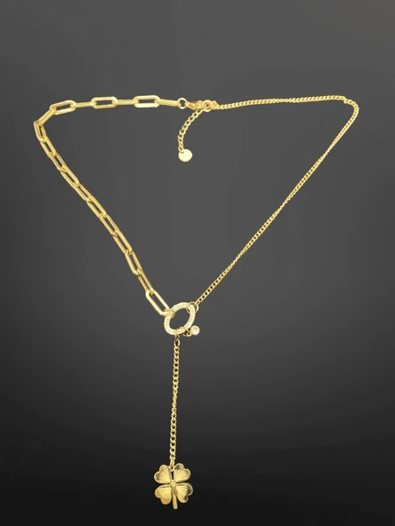 Gold Renk Şanslı Yonca Y-Chain Model 316L Çelik Kolye -  Mixed Chain Trend Tasarım ürün görseli 1