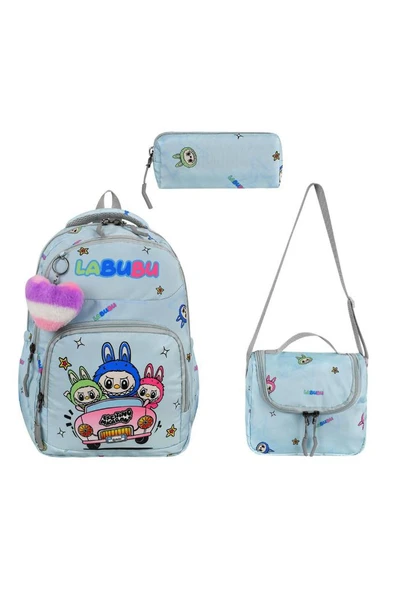 Labubu İlkokul Çantası 3'lü Set 42*30 Cm Beslenme Çantası Kalem Kutusu Ortopedik Su İtici Kumaş - 9