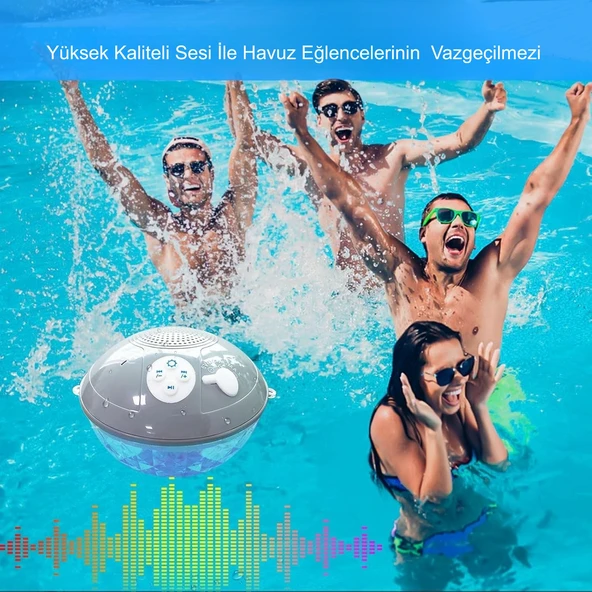 HyMark Bluetooth BT601 Havuz Hoparlörü Renkli RGB Led Işık IP68 Su Geçirmez Dahili Şarjlı Pilli Ses Bombası - 3